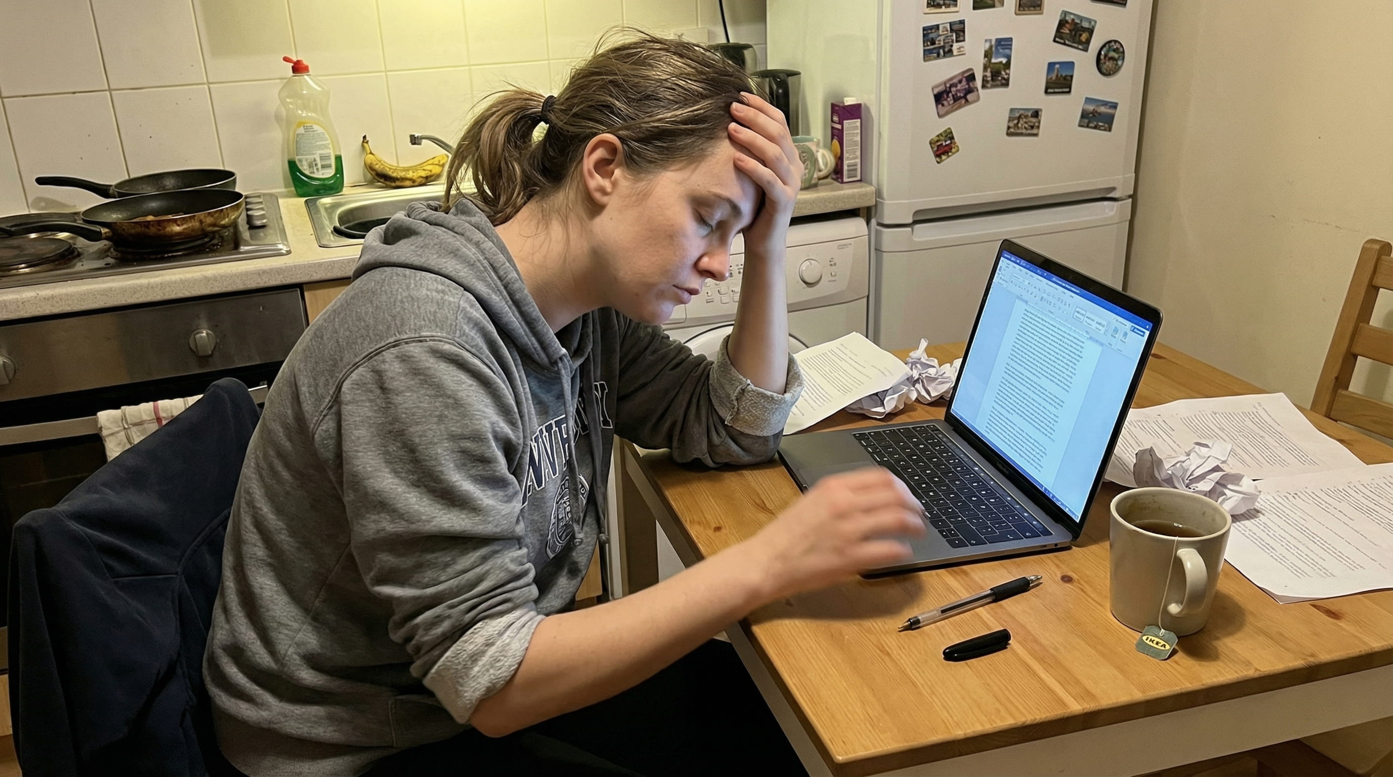 Woman sitting alone at a kitchen table reviewing documents